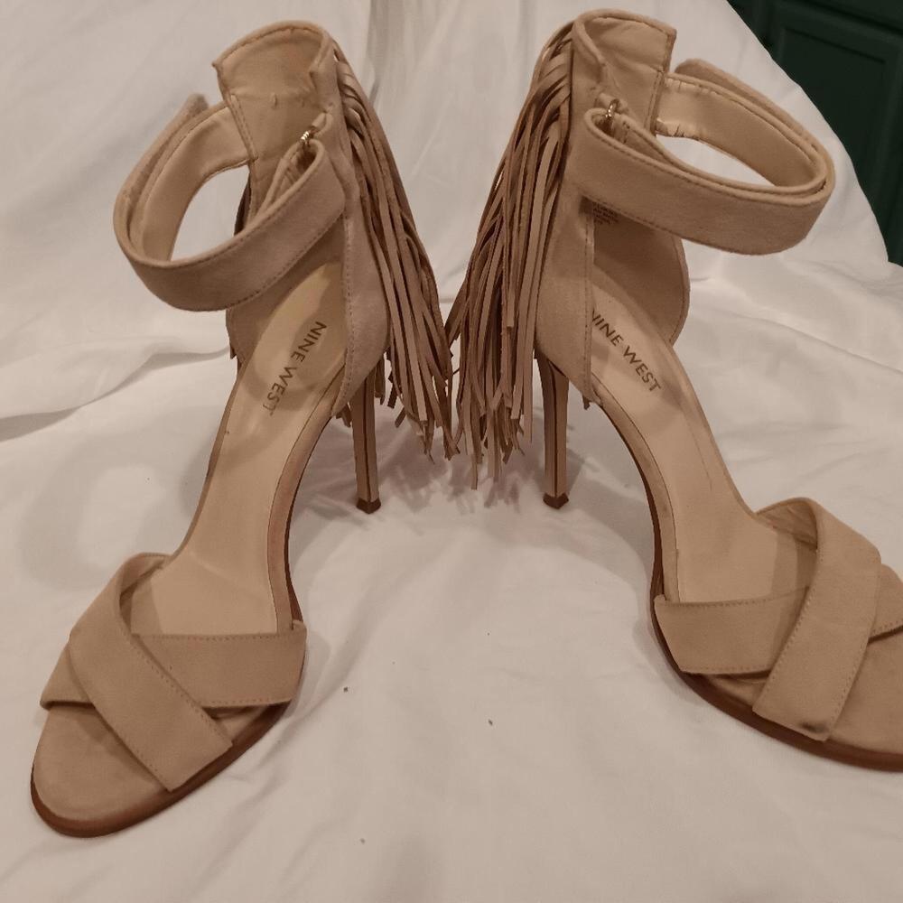 Nine West Beige Velvet Heels with leather Fringe party celebrate